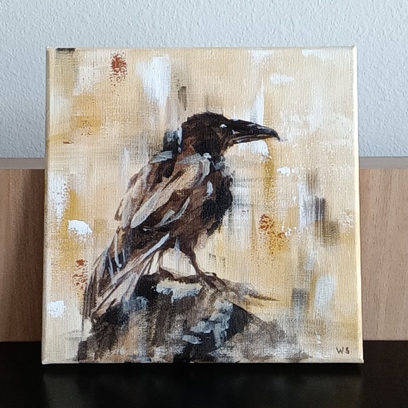 Other - Original Crow painting on stretched canvas 8"8" in Black bird Beige background